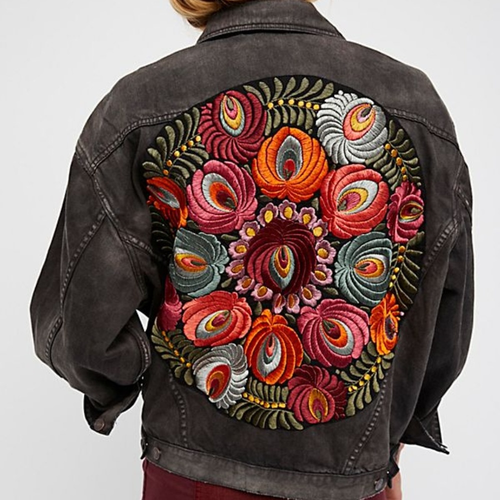 Free People Oversized Denim Jacket with Embroidery